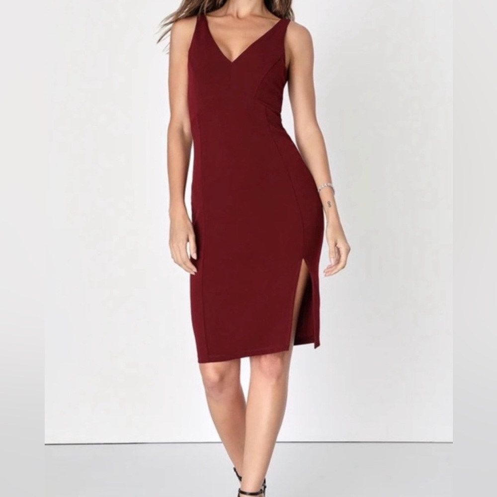 Lulu's Burgundy V-Neck Midi Bodycon Dress with Side Slit